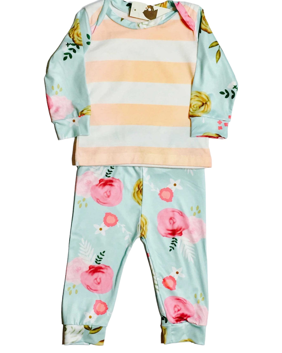Peach And White Stripe With Floral Sleeves 2 Pc Outfit