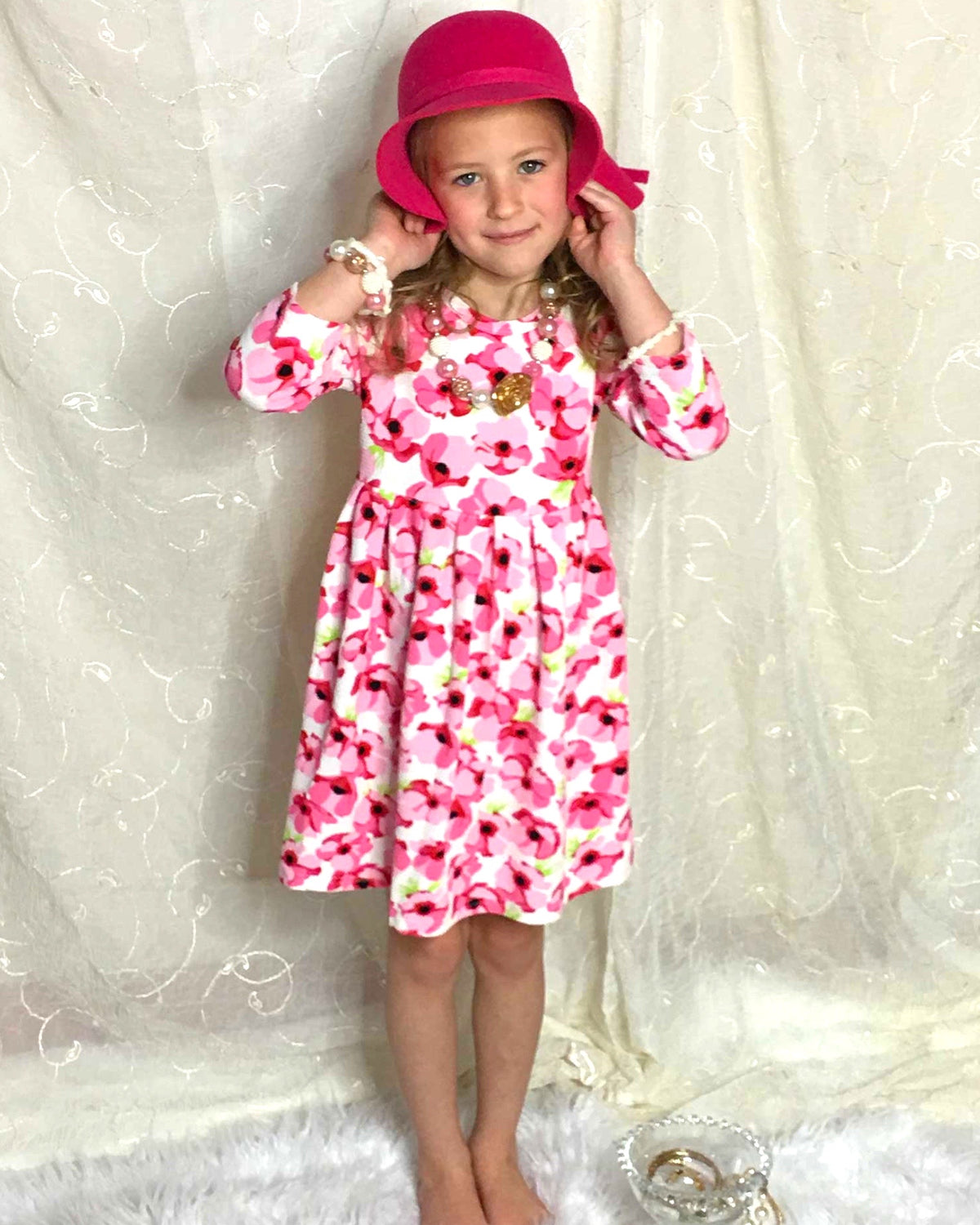 Pink And White Floral Pleated Dress
